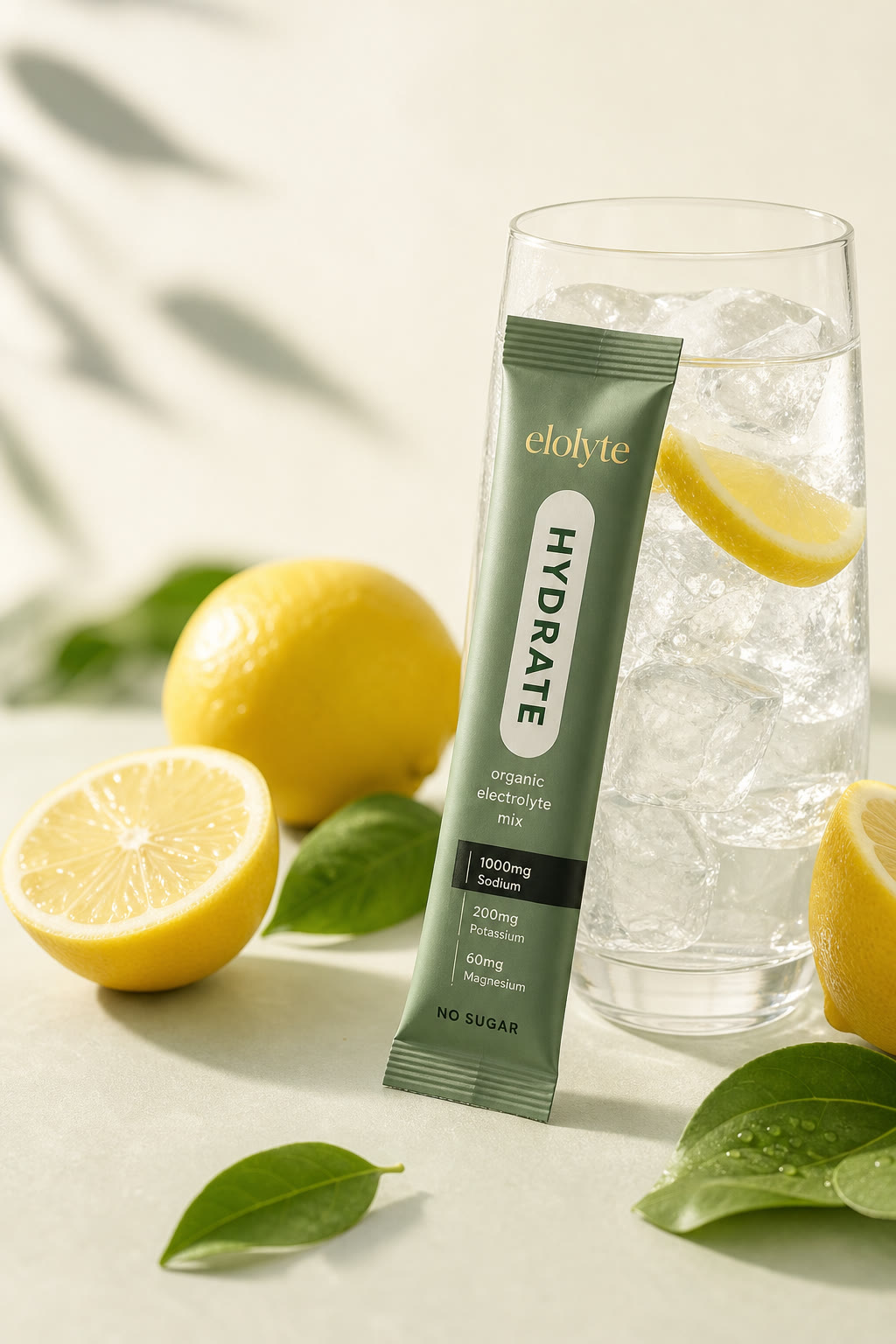 Elolyte hydrate sachet leaning against a glass of iced lemon water
